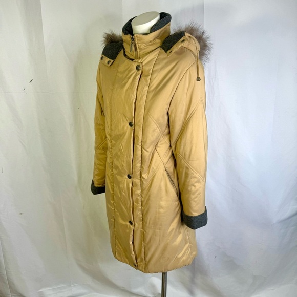 FEMINELLA BROWN PARKA COAT LONG WINTER TAN COAT FUR TRIM ON HOODIE SIZE SMALL - Picture 11 of 13
